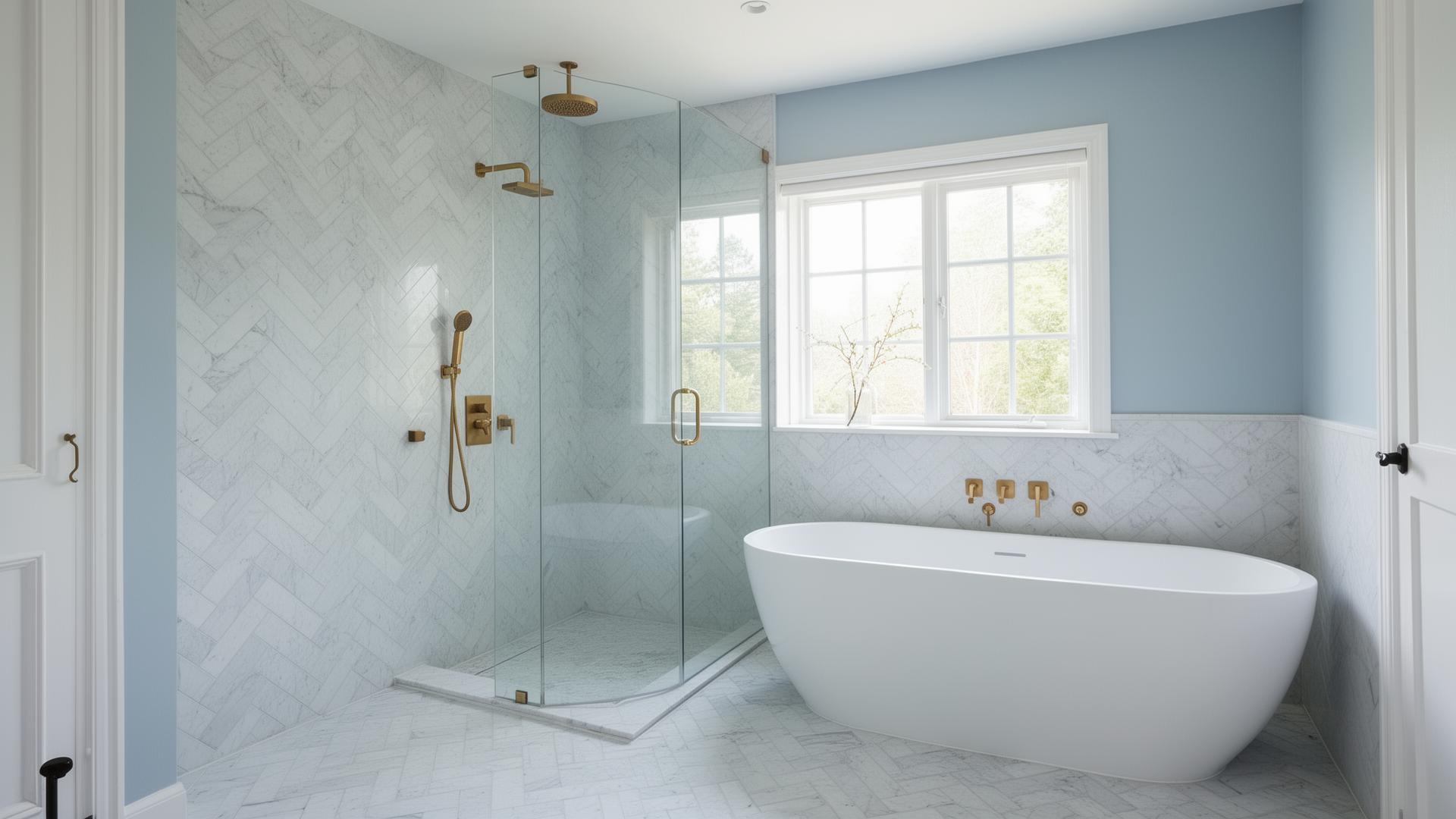 Modern renovated bathroom with marble herringbone tile and brass fixtures