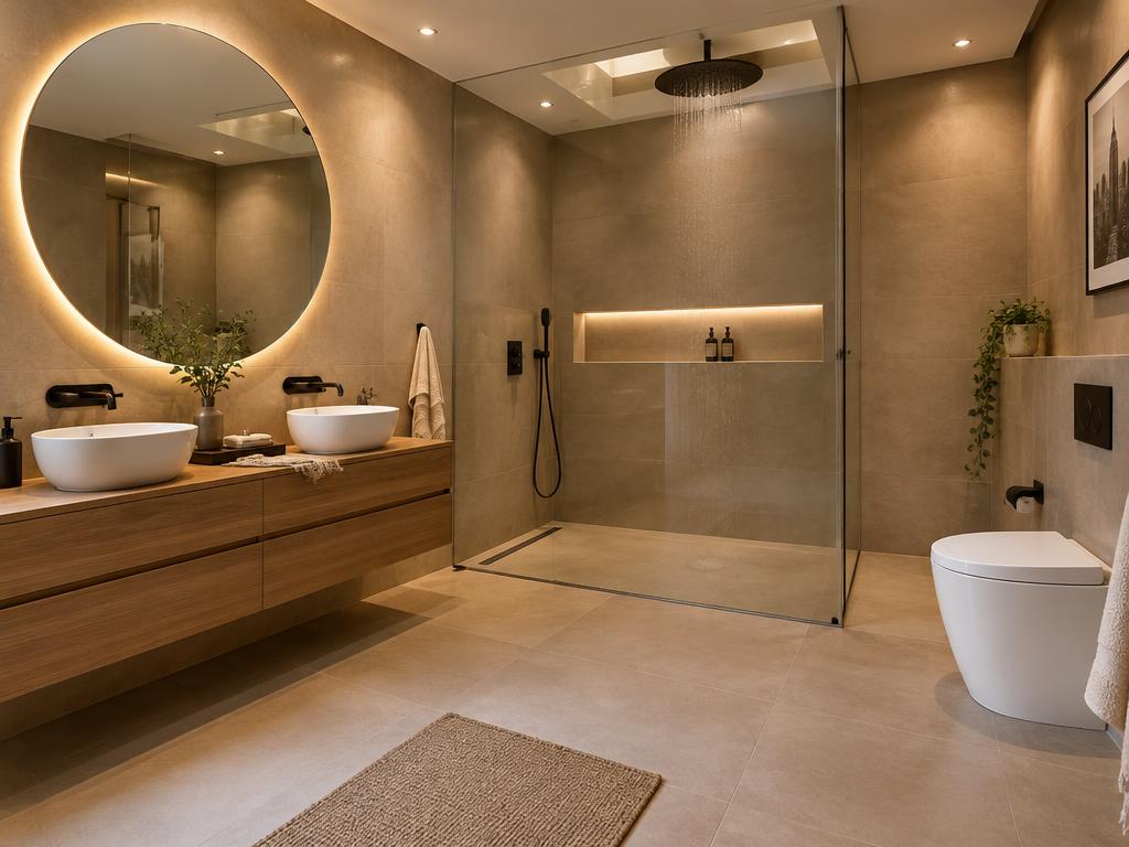 Modern renovated bathroom with warm greige porcelain tile, floating oak double vanity, backlit mirror and glass walk-in shower