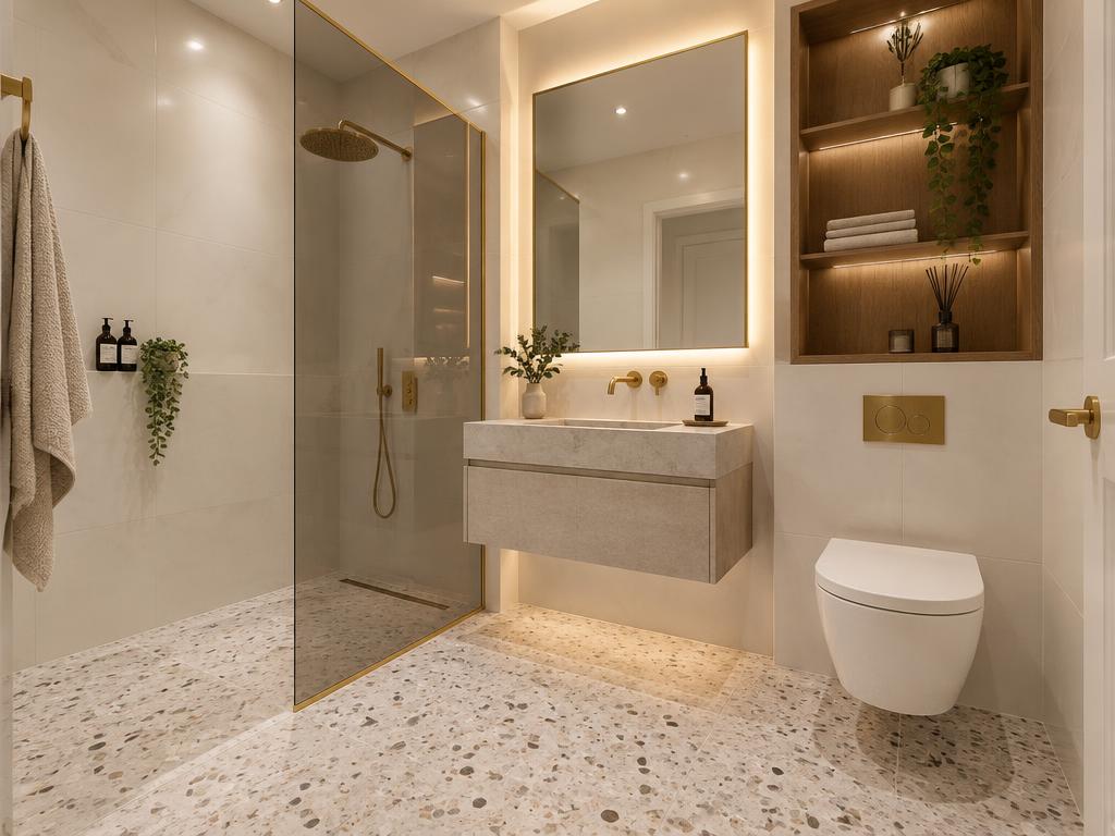 Modern compact bathroom with terrazzo floor, floating stone vanity, brushed gold fixtures and smoked glass walk-in shower