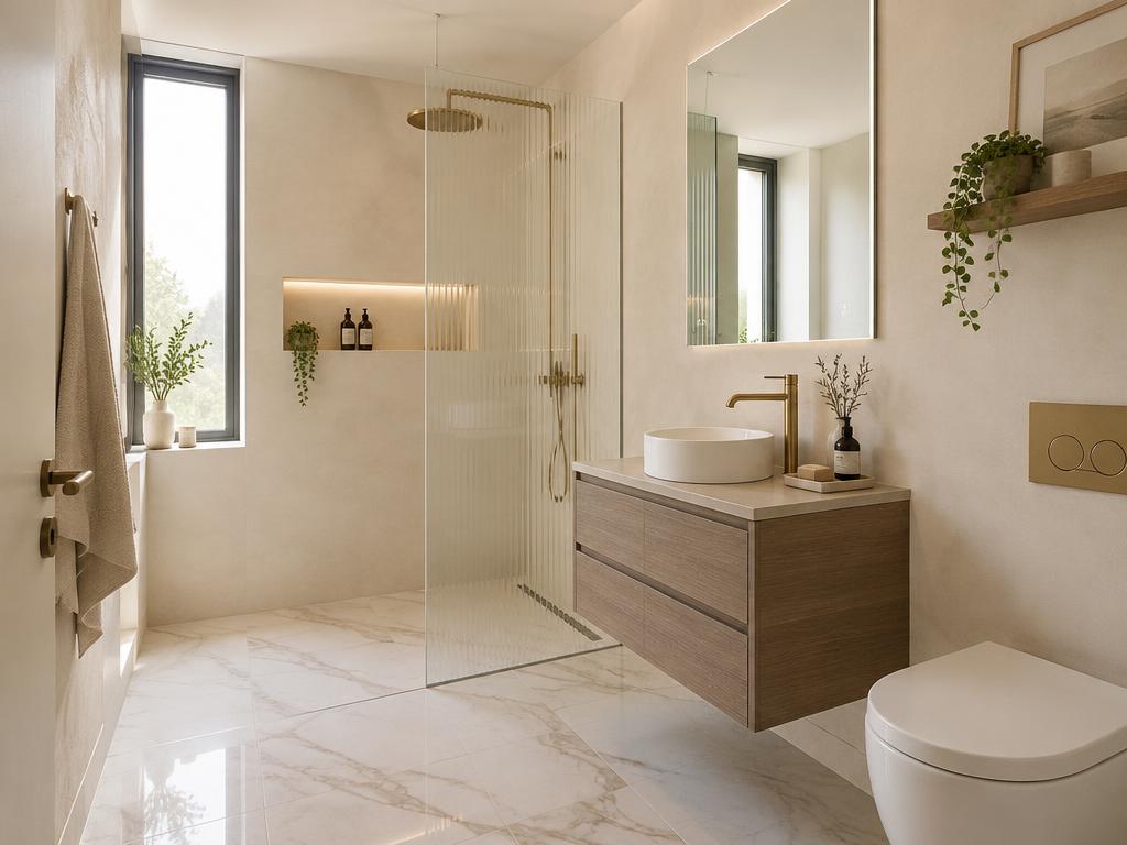 Bright modern bathroom with microcement walls, marble-look floor tile, fluted glass shower partition and wood floating vanity