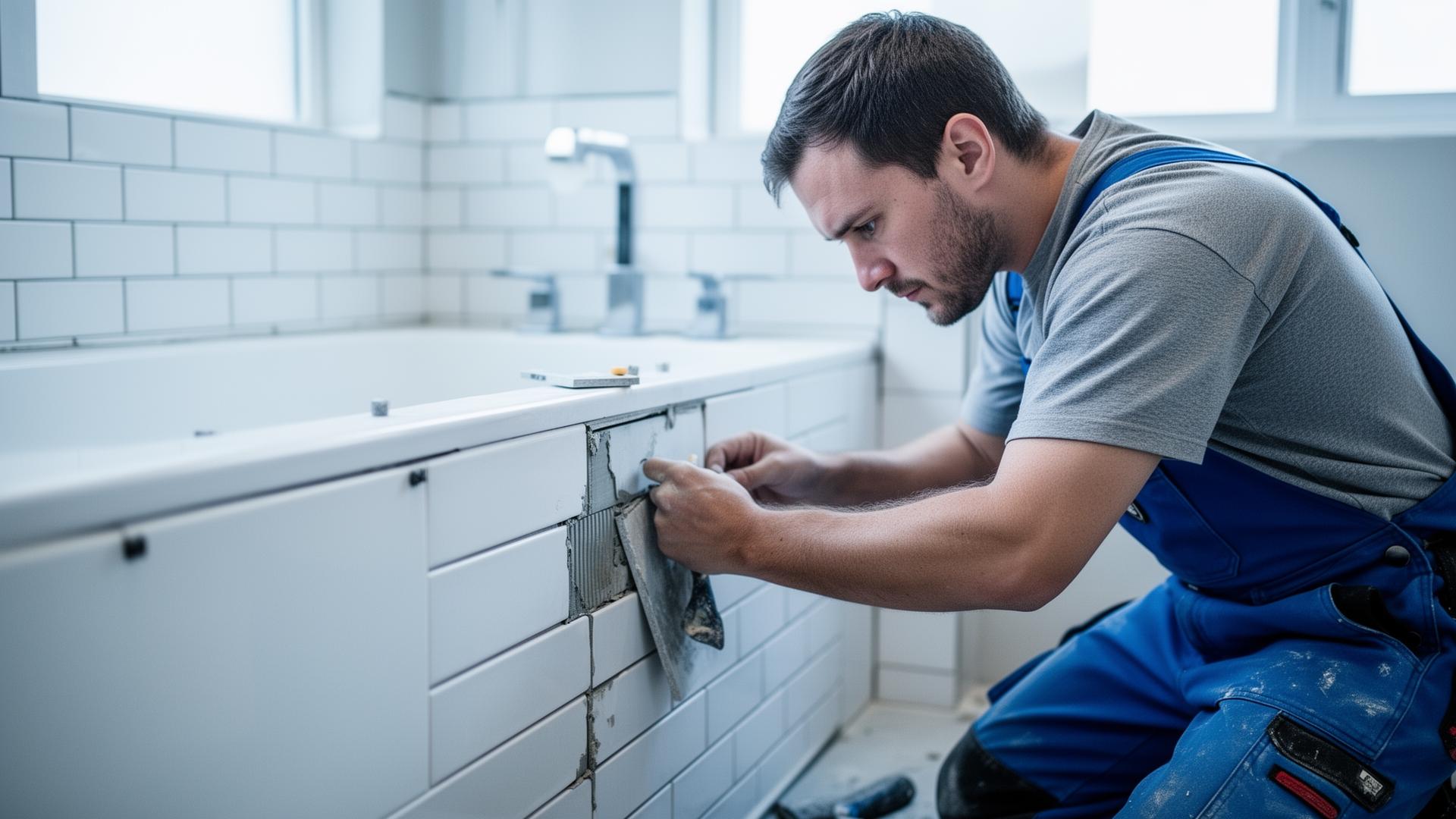 Bathroom remodeling contractor installing tile